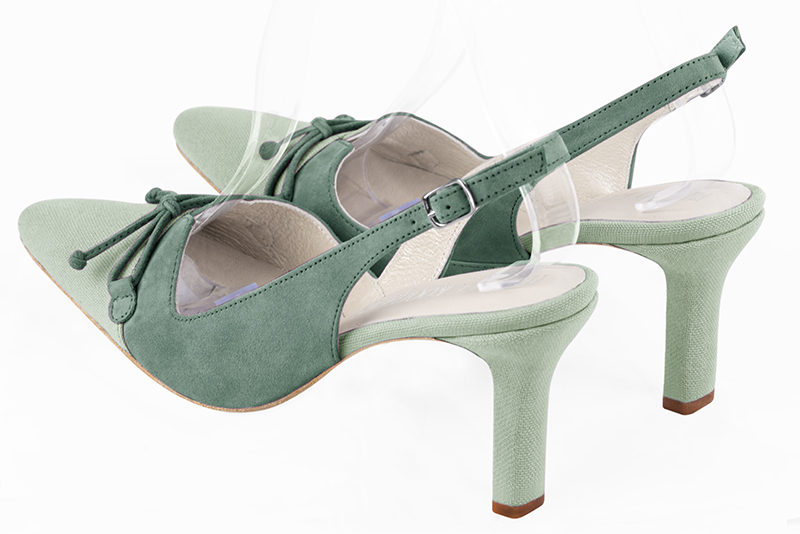 Mint green women's open back shoes, with a knot. Tapered toe. High slim heel. Rear view - Florence KOOIJMAN